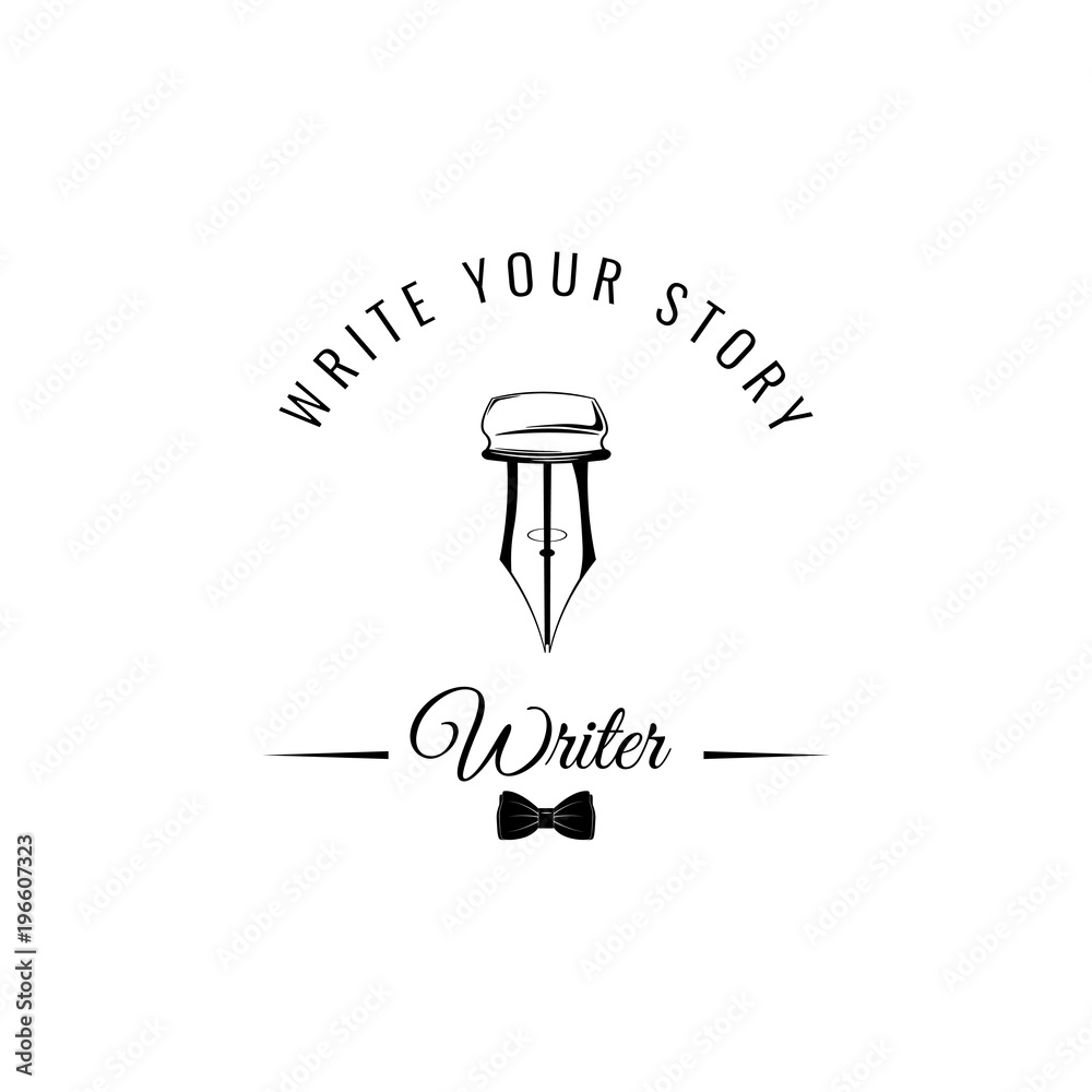 Feather quill pen flat icon. Writer logo with bow tie. Write your story lettering. illustration. Feather quill pen flat icon. Writer logo with bow tie. Write your story lettering. illustration.