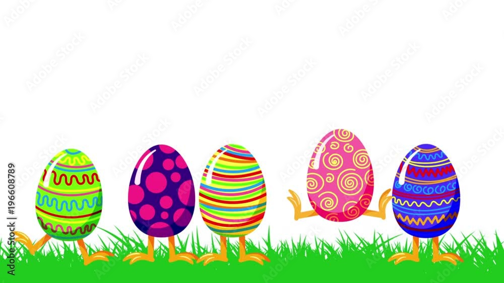 Cartoon crazy jumping eggs in a green grass. Happy Easter greeting loop animation isolated on white Cartoon crazy jumping eggs in a green grass. Happy Easter greeting loop animation isolated on white