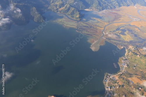 Phewa lake Pokhara town arial cityscape Nepal