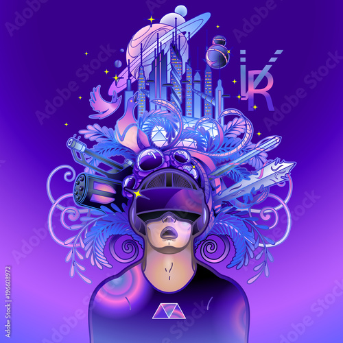 Graphic man wearing virtual reality headset