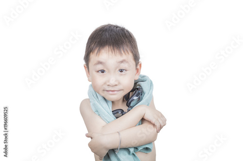 Happy four years old boy wear swimming goggles. and thumbs up over white background