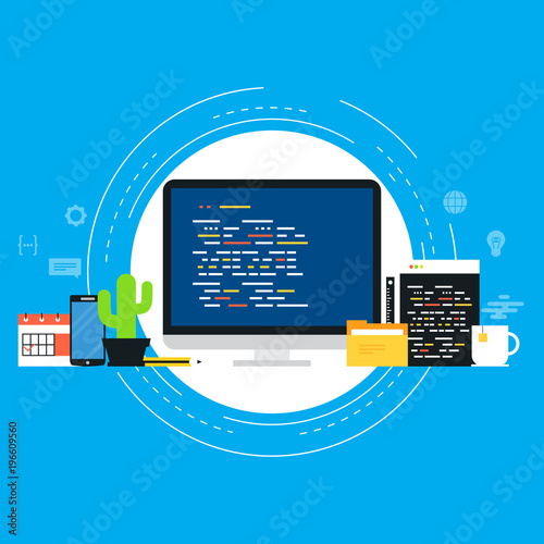 Coding, programming, website and application development. Technology concept for software API prototyping and testing. Design for web banners and apps