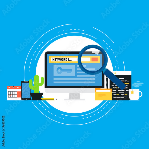 Keywording, SEO keywording process, keyword research, keywords optimization flat vector illustration design. Design for web banners and apps