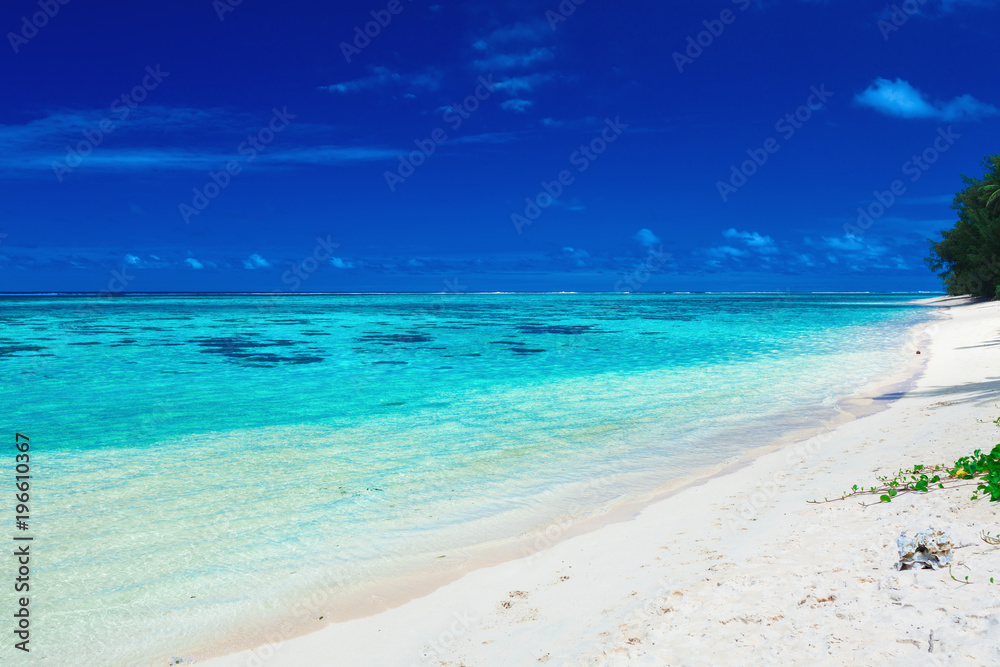 Sandy beach with rocks and palms on Cook Islands, Rarotonga