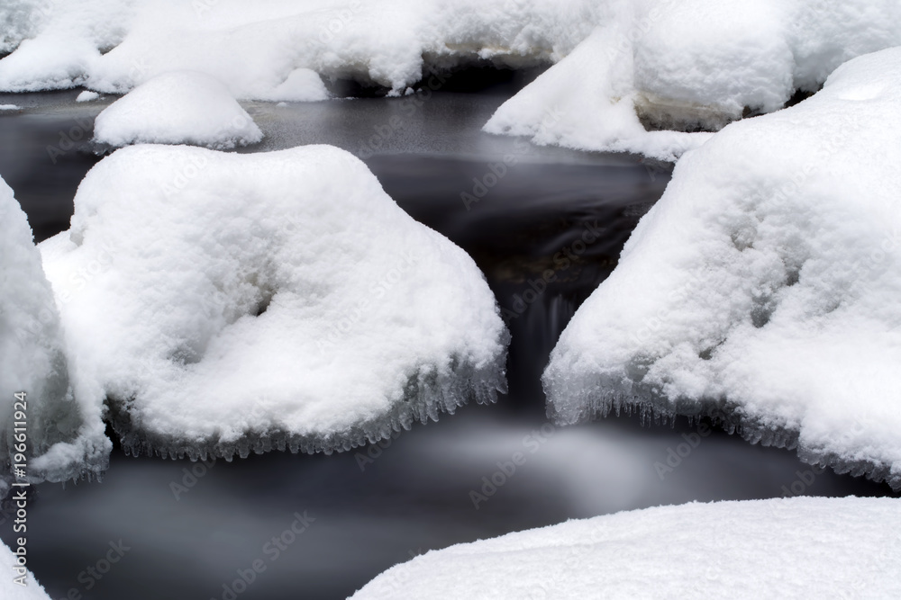 Stunning winter landscape, stones on wintry river covered snow