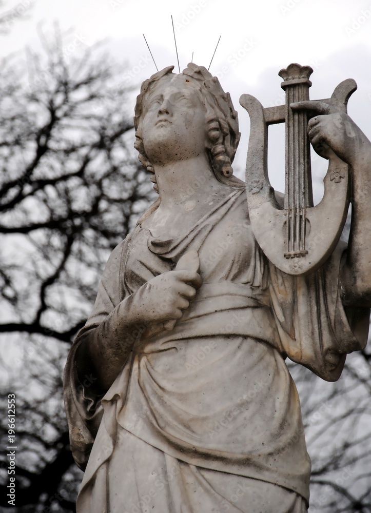 Marble statue of Calliope with a lyre by Fernando Pelliccia (1808-1890) in  the public Jardin du Luxembourg, Paris; in Greek mythology eldest of the  nine Muses and goddess of epic poetry Stock