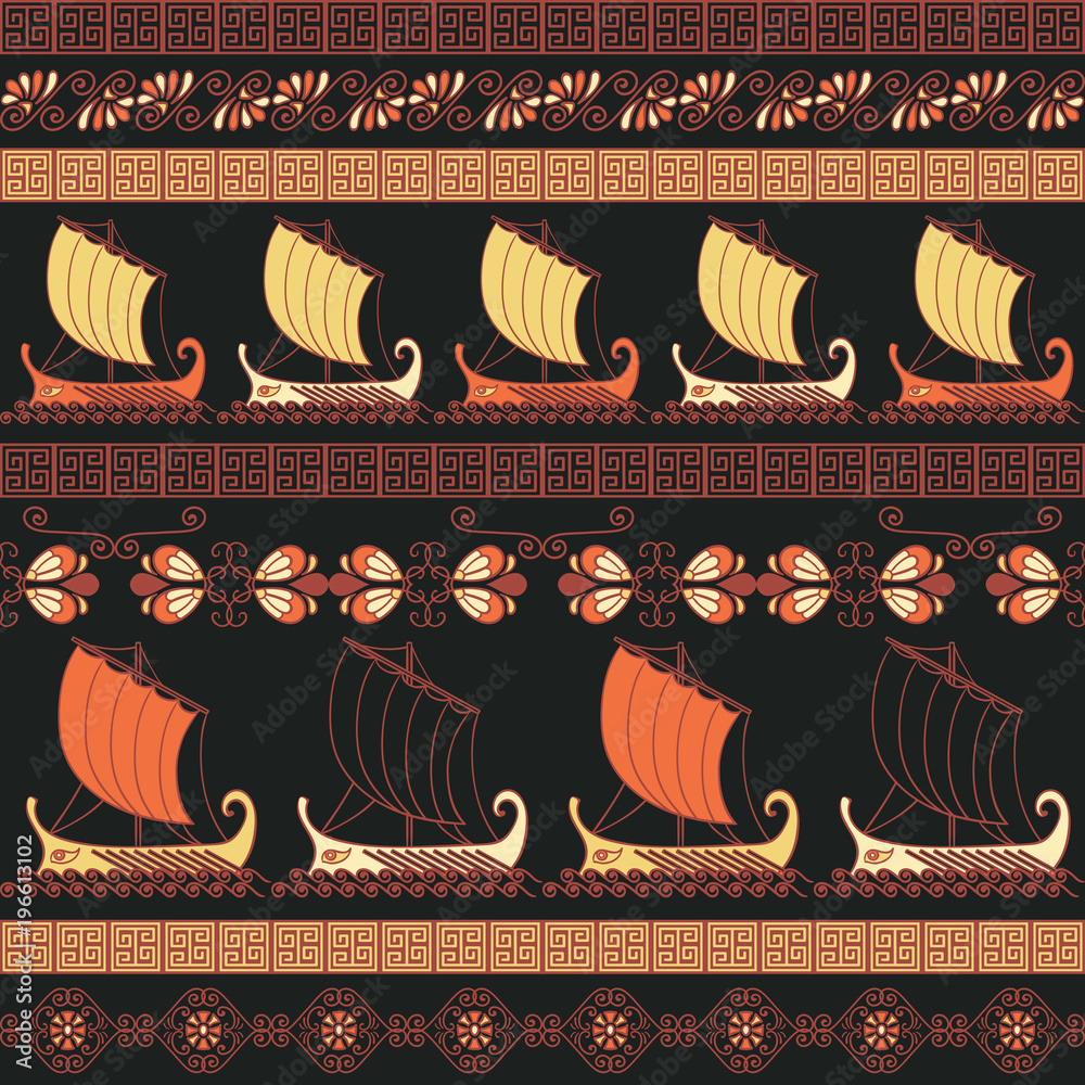 Obraz premium Seamless pattern with ancient greek ships and ornament. Traditional ethnic background. Vintage vector illustration