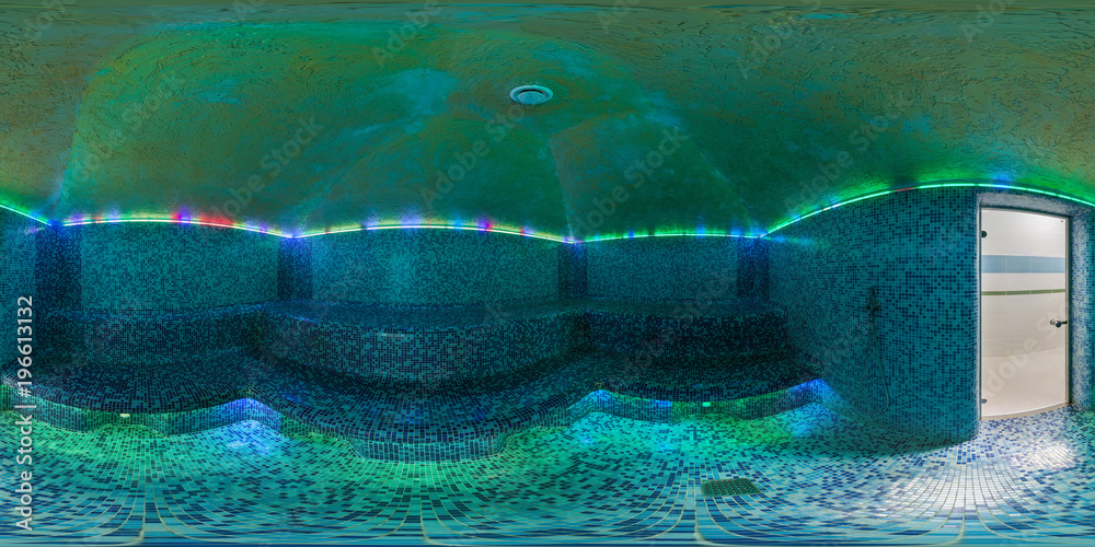 Obraz premium panorama 360 angle view in modern batroom turkish hammam in elite sport complex. Full 360 degrees seamless equirectangular spherical panorama. skybox vr ar content