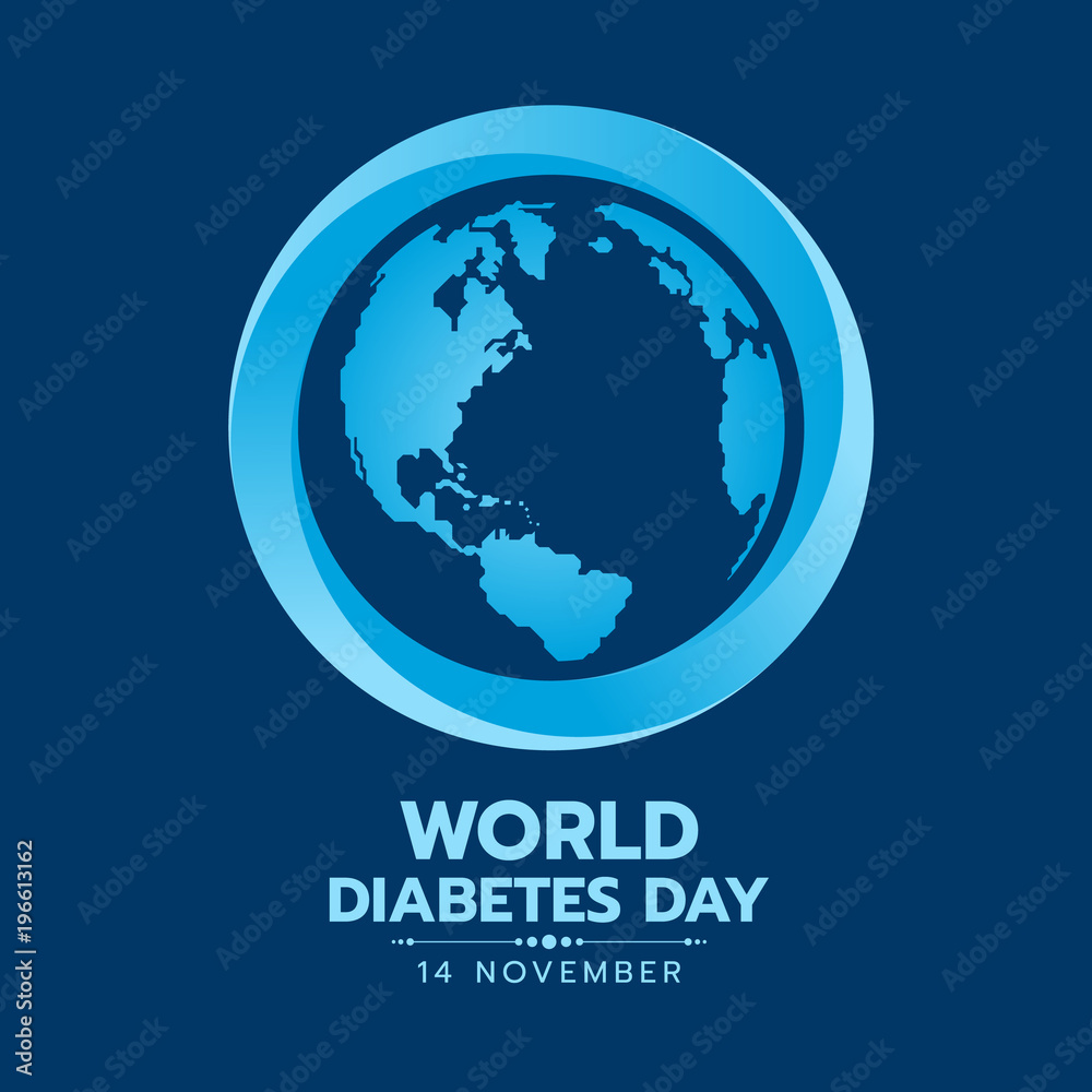 World Diabetes Day banner with earth world map sign in blue circle sign on dark blue background vector design World Diabetes Day banner with earth world map sign in blue circle sign on dark blue background vector design