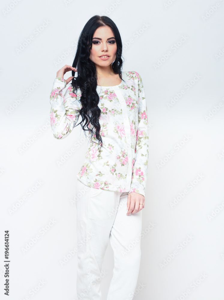 Sexy woman in white cardigan with flowery pattern. Sexy woman in white cardigan with flowery pattern.