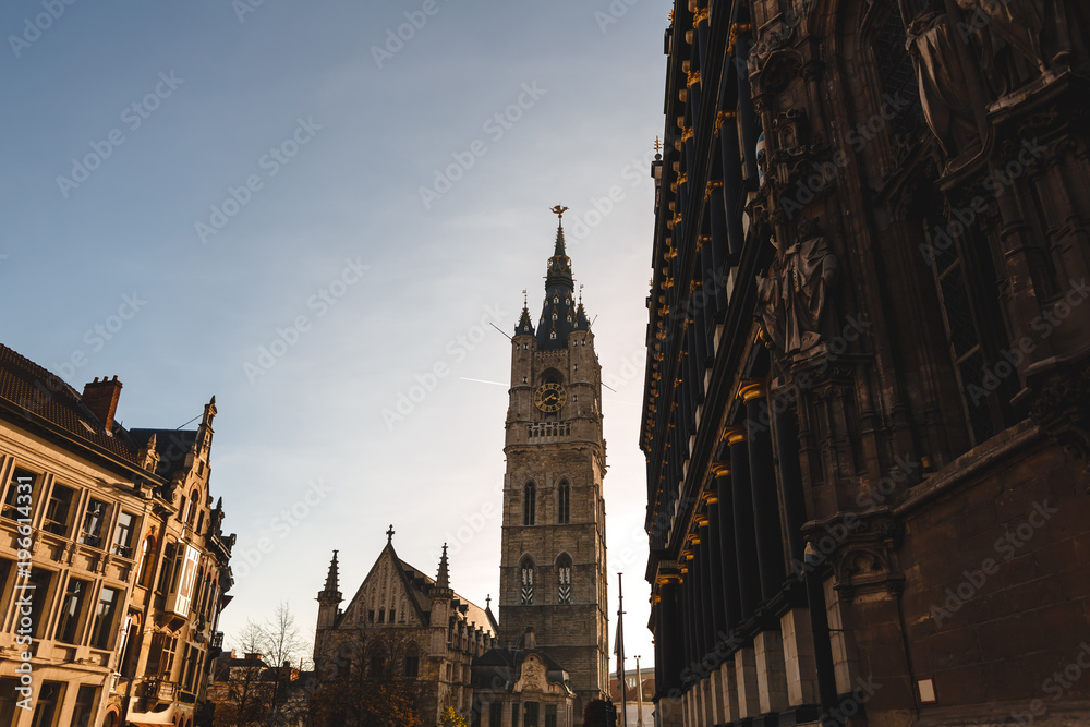 Fototapeta premium beautiful traditional architecture and ancient cathedral in historical quarter of Ghent, Belgium