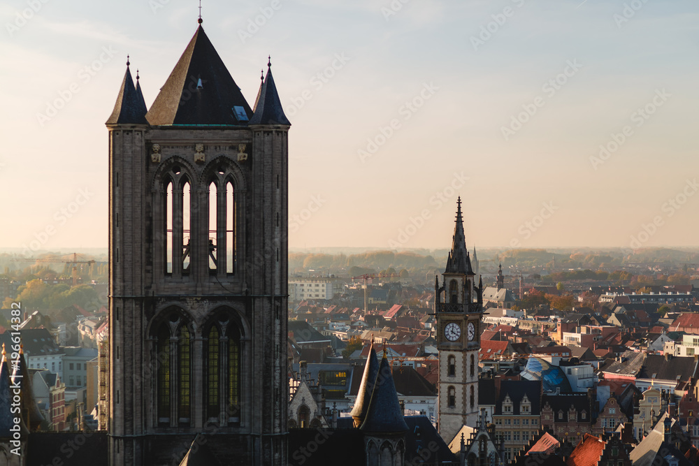 aerial view of beautiful ancient architecture in historical quarter of Ghent, Belgium
