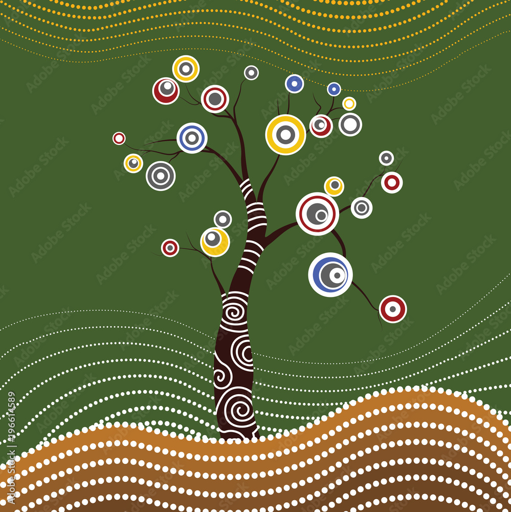 Tree on the hill, Aboriginal tree, Aboriginal art vector painting with