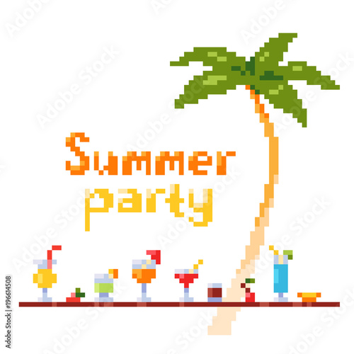 Pixel art style invitation party postcard with ice and alcoholic summer drinks and beach cocktails. Palm tree. Fruits and refreshments. Vector illustration.
