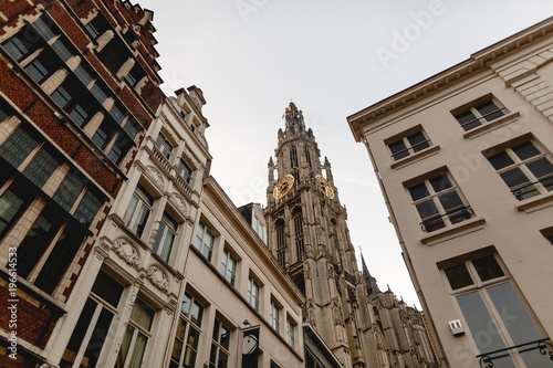 low angle view of famous cathedral of our lady in Antwerp, Belgium