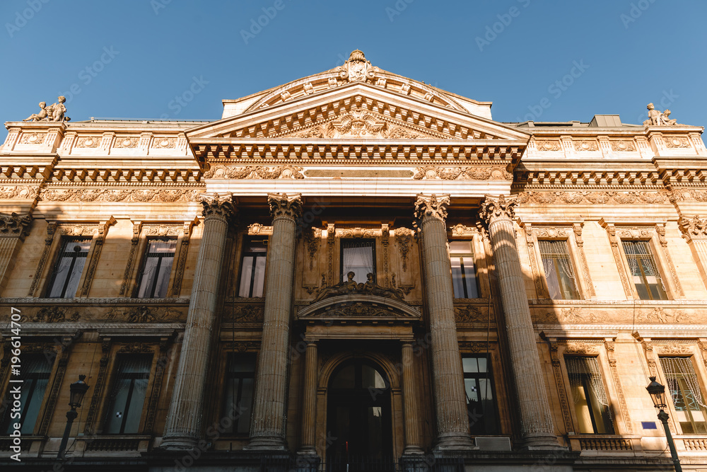 low angle view of beautiful classical building with columns in brussels, belgium