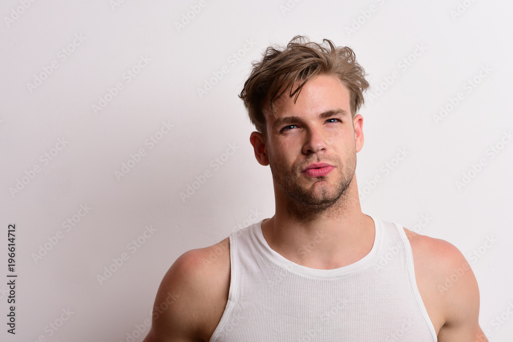 Man with fair hair on white background, copy space. Man with fair hair on white background, copy space.