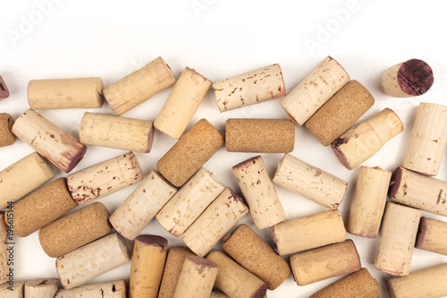 Wine corks on a white background with copyspace