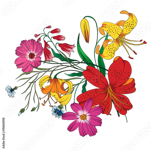 ector bouquet of garden flowers.Blooming flowers.Wildflowers. Vector Illustration on white background