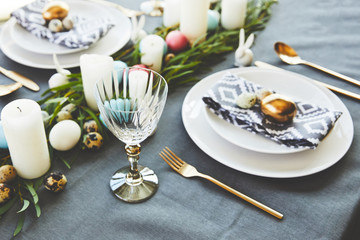 easter decorated table with eggs in restaurant