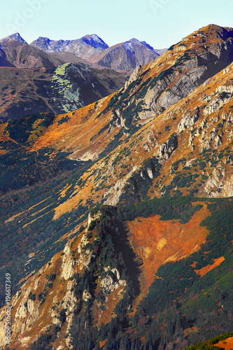 Fototapeta Naklejka Na Ścianę i Meble -  Poland, Tatra Mountains, Zakopane - Stoly and Jaworowy Kopiec peaks, Tomanowa Pass, Tomanowa Liptowska and Cicha Valleys with Western Tatra mountain range panorama in background