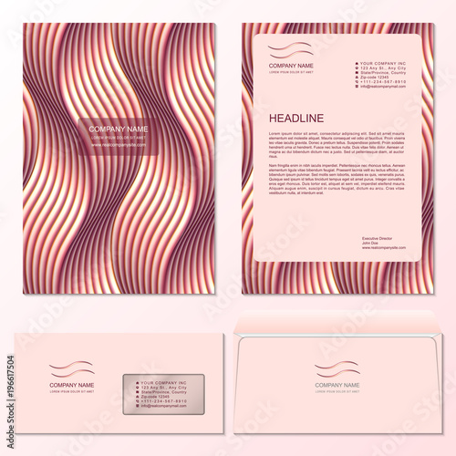 Template of letterhead and mail envelope with woven copper pattern. Example of placing a logo and contact information