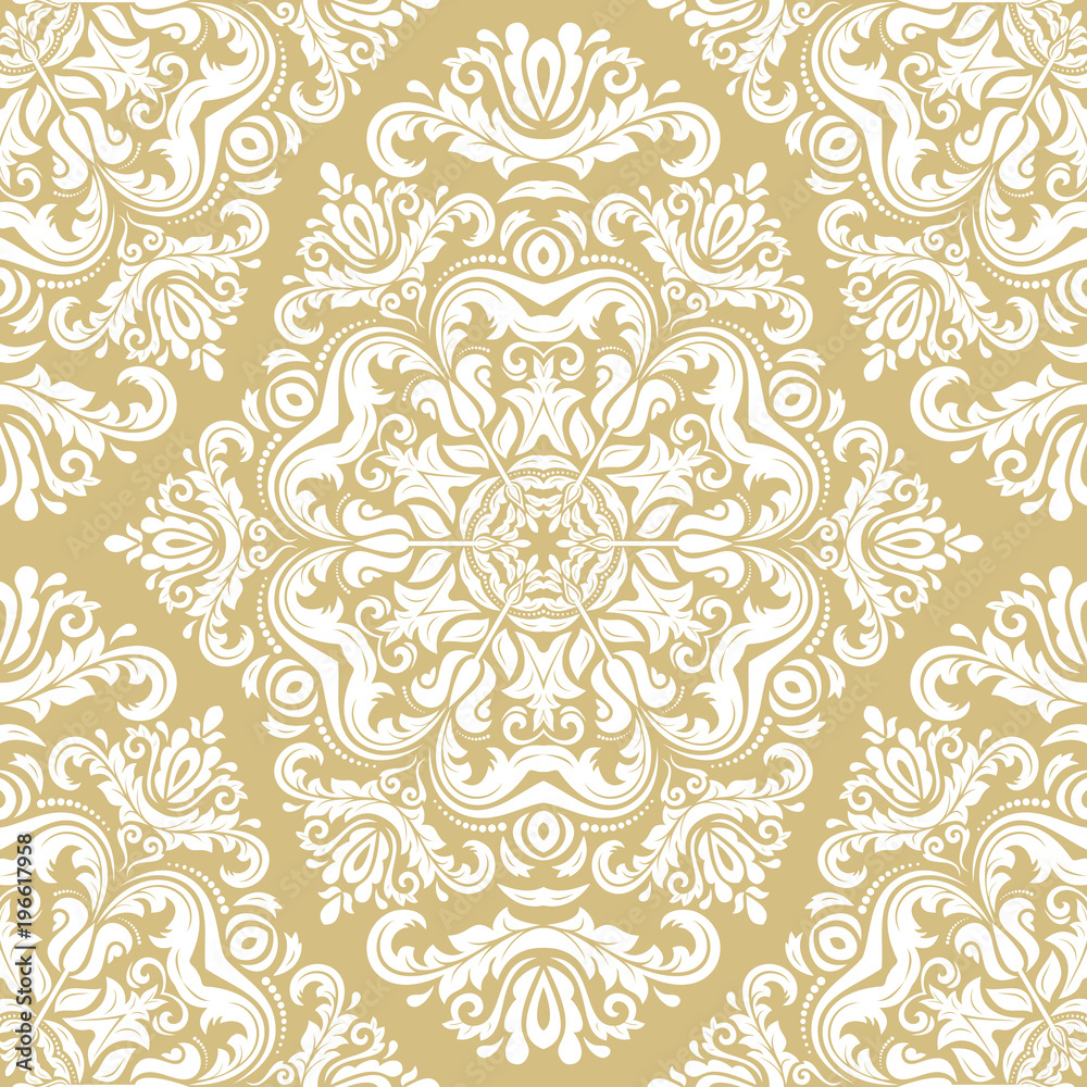 Damask classic golden and white pattern. Seamless abstract background with repeating elements. Orient background