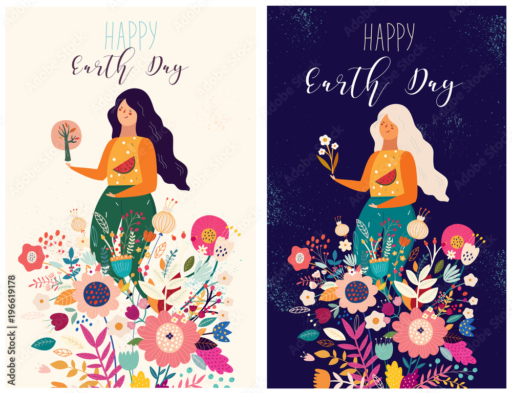 Happy Earth Day Vector template with woman and bouquet of flowers. Banner templates, poster, greeting cards Happy Earth Day Vector template with woman and bouquet of flowers. Banner templates, poster, greeting cards