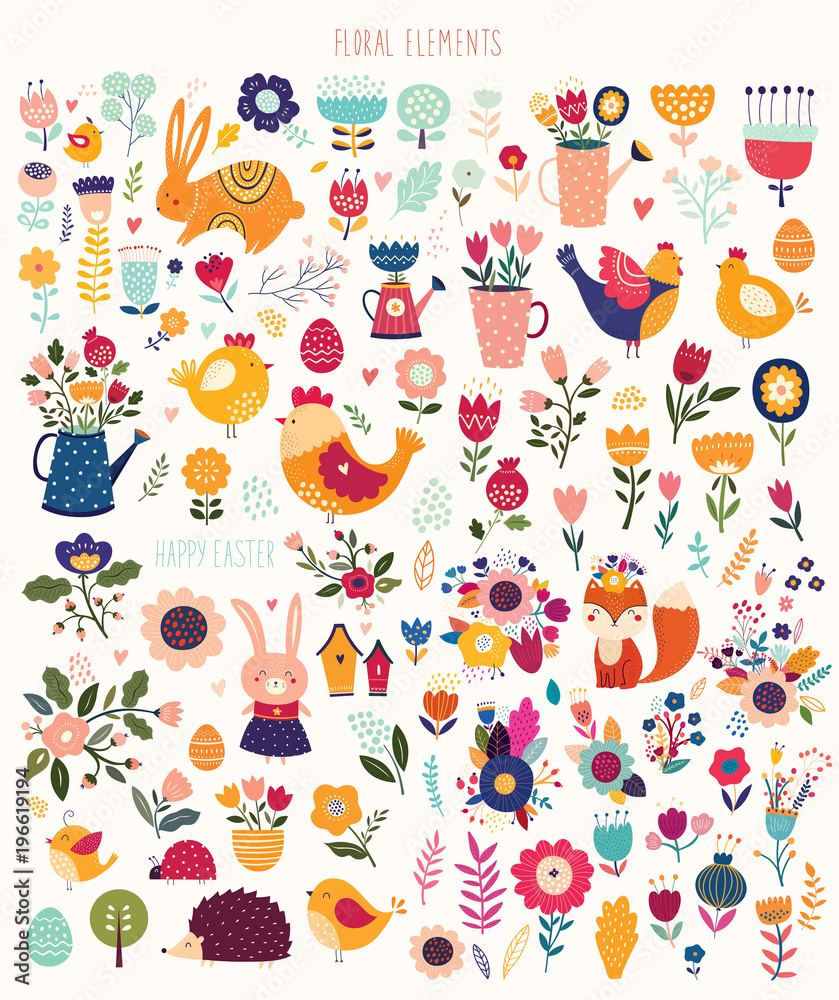 Big spring easter collection of flowers, leaves, birds, bunny and spring symbols	
