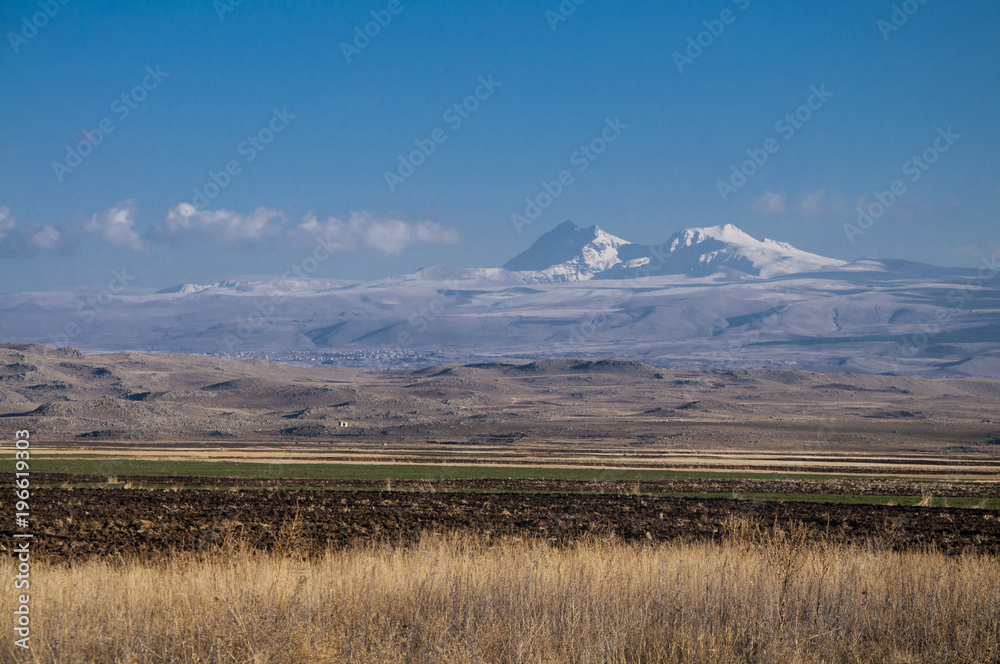 View of Mount Aragats from Shirak province of Armenia. Aragats is the highest peak in Armenia.