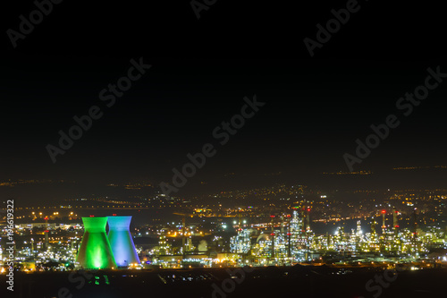 Industrial Refineries at night, with smoke, Haifa Israel HDR photo