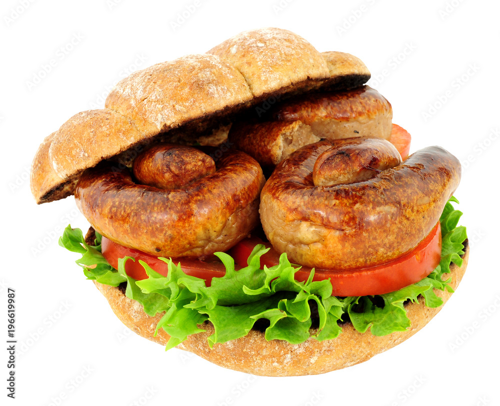 Sausage and salad sandwich roll isolated on a white background Sausage and salad sandwich roll isolated on a white background