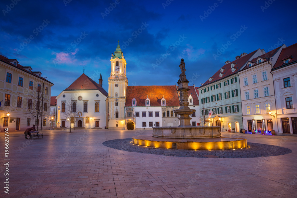 Bratislava. Cityscape image of the Main Square and Old Town Hall in Bratislava, Slovakia during twilight blue hour.