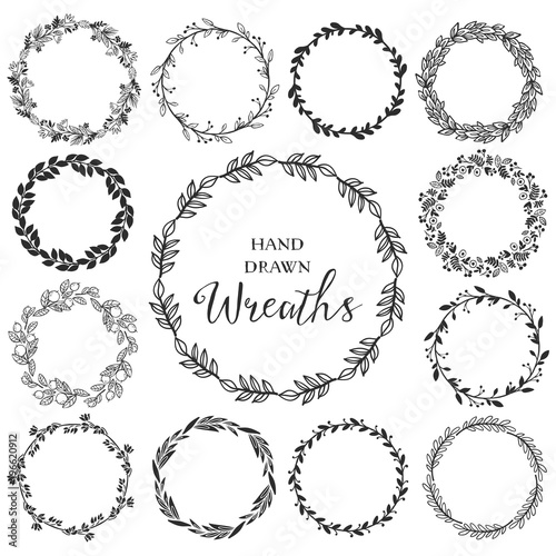 Vintage set of hand drawn rustic wreaths. Floral vector graphic. Nature design elements.