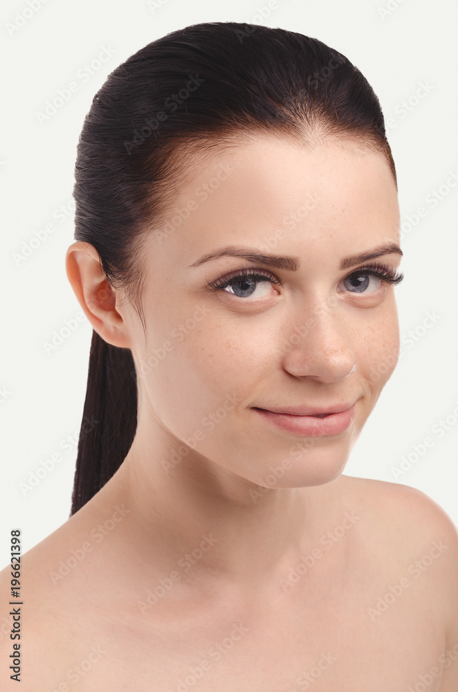 Young attractive girl on a white background. Beautiful woman. Healthcare. Young attractive girl on a white background. Beautiful woman. Healthcare.