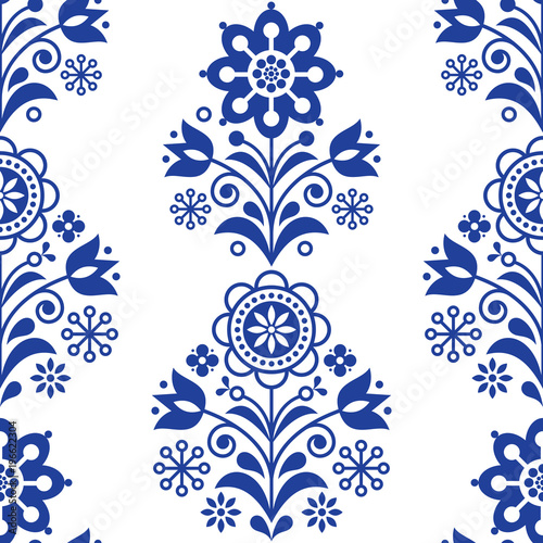 Scandinavian seamless folk art vector pattern, floral navy blue repetitive design, Nordic ornament with flowers
