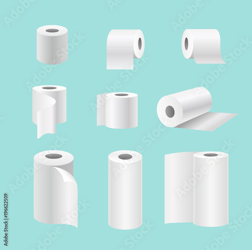 Vector illustration set of realistic paper rolls isolated on blue background. Blank white 3d kitchen towels, toilet paper in different positions.
