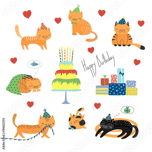 Collection of hand drawn cute funny cartoon cats in party hats, with presents, typography. Isolated objects on white background. Vector illustration. Design concept for children, birthday celebration.
