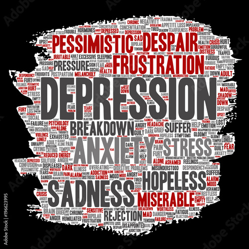 Vector conceptual depression or mental emotional disorder problem paint brush or paper word cloud isolated background. Collage of anxiety sadness, negative sad, despair, unhappy, frustration symptom