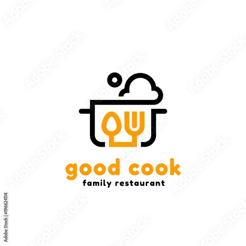 Vector line logotype of pan with steam, spoon and fork. Logo concept for kitchen and restaurants