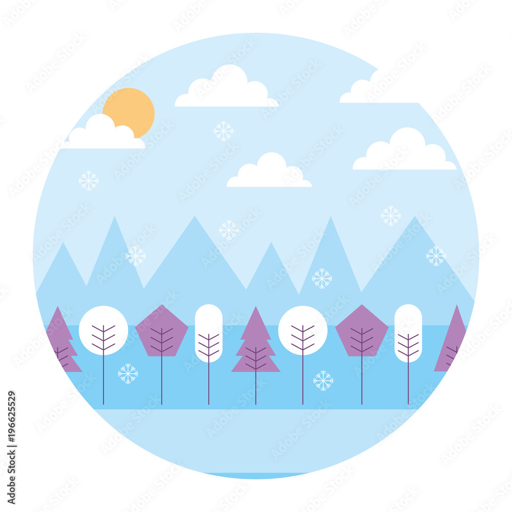 landscape winter season snow mountains forest sun clouds round design vector illustration 