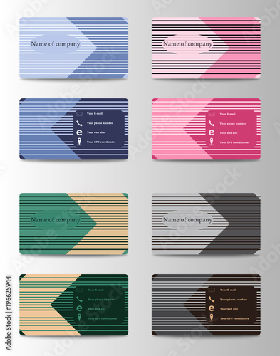 Set of personal horisontal id cards with identification elements, photo, phone, email and GPS location information
