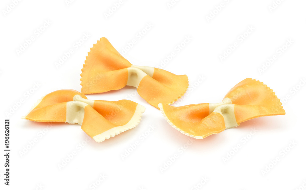 Farfalle pasta with orange carrot isolated on white background three raw classic traditional Italian. Farfalle pasta with orange carrot isolated on white background three raw classic traditional Italian.