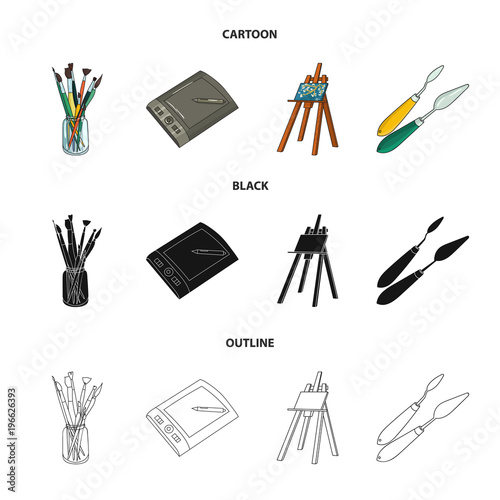 Bank with brushes, a drawing board, an easel with a canvas, paint knives.Artist and drawing set collection icons in cartoon,black,outline style vector symbol stock illustration web.