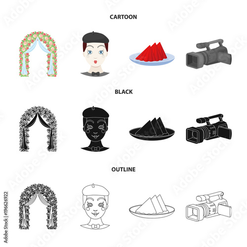 The arch is decorated with roses and silk, a clown in a cap, a plate with red napkins, a video camera. Event services set collection icons in cartoon,black,outline style vector symbol stock