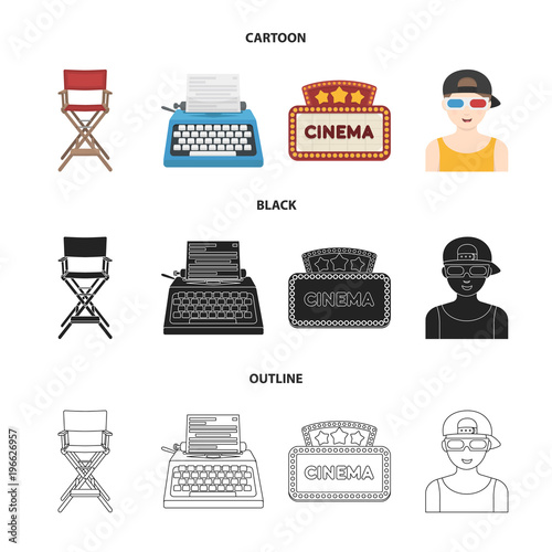 Chair of the director, typewriter, cinematographic signboard, film-man. Films and cinema set collection icons in cartoon,black,outline style vector symbol stock illustration web.