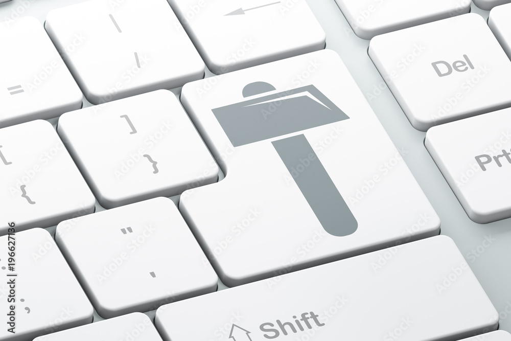Construction concept: Enter button with Hammer on computer keyboard background, 3D rendering Construction concept: Enter button with Hammer on computer keyboard background, 3D rendering