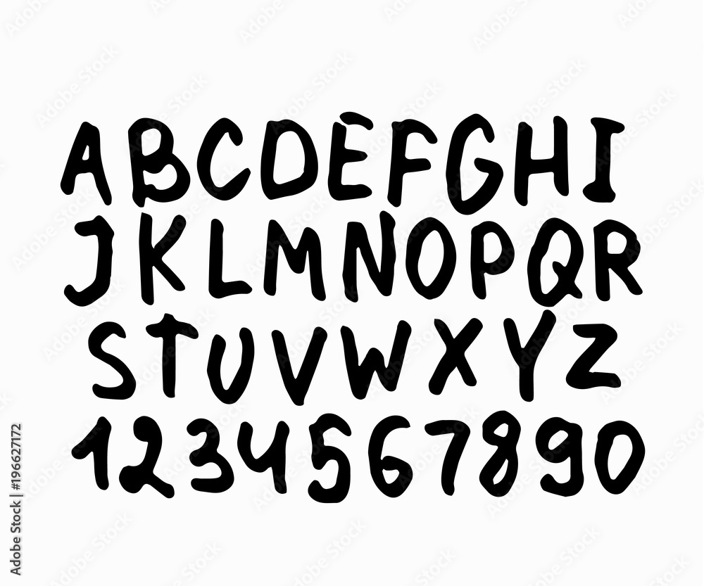 Doodle simple primitive kids alphabet, vector hand drawn letters elements. For kids books, posters, postcard typography