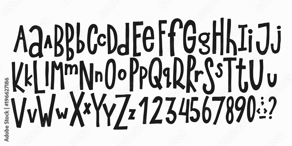 Doodle simple primitive kids alphabet, vector hand drawn letters elements. For kids books, posters, postcard typography