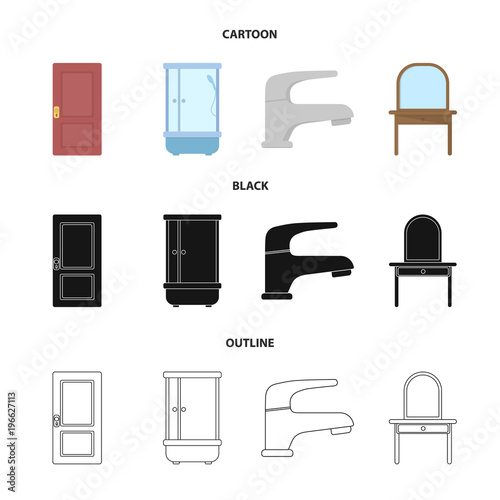 Door, shower cubicle, mirror with drawers, faucet.Furniture set collection icons in cartoon,black,outline style vector symbol stock illustration web.